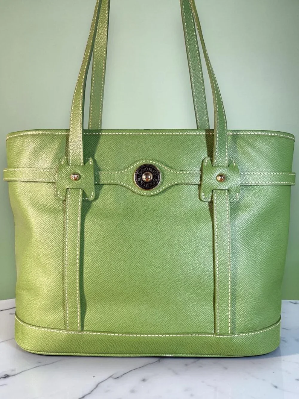 Dooney & Bourke Vintage Pebbled Green Leather Tote Bag with Matching Wallet Set